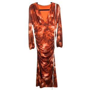 Ruched Midi Dress V Neck Long Sleeve L Rust Brown Floral Lined Mesh